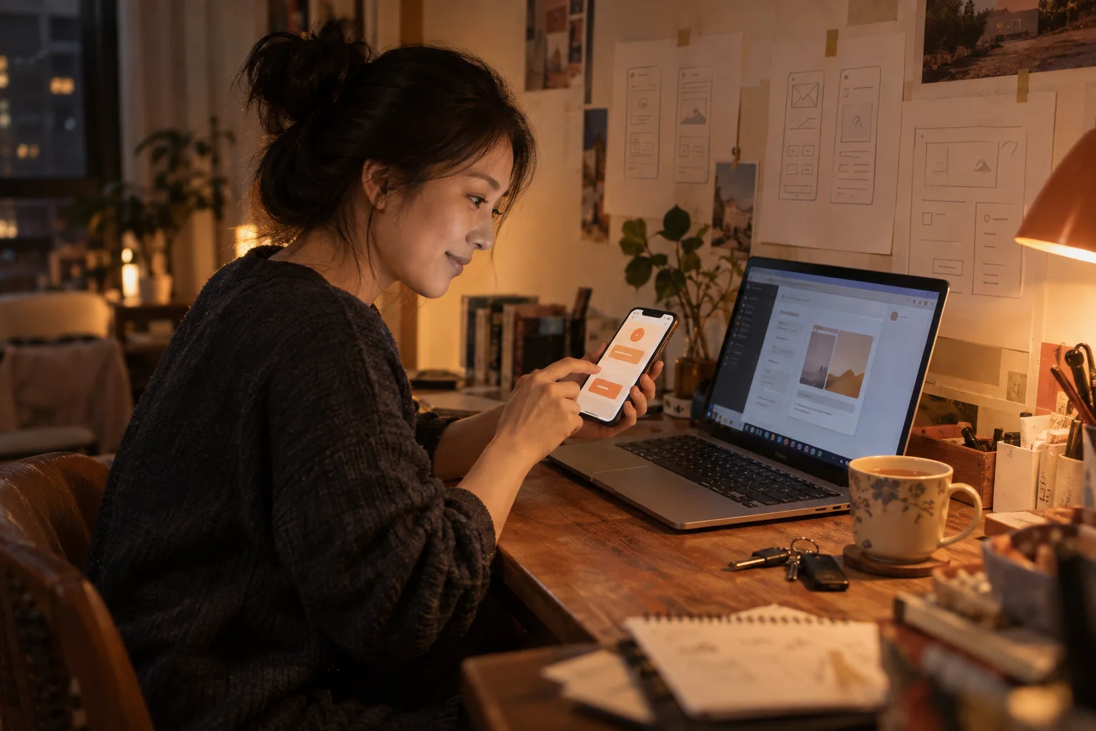下班后在家动手学习的创作者，场景创意图