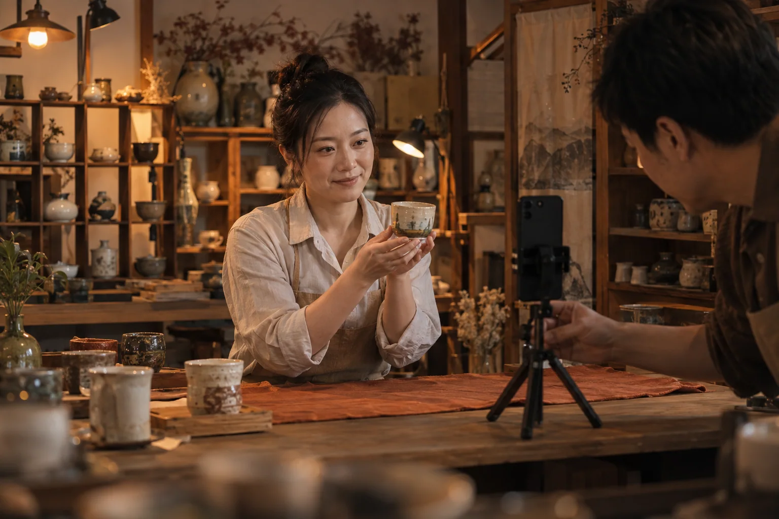 小店里准备商品直播的创作者，场景创意图