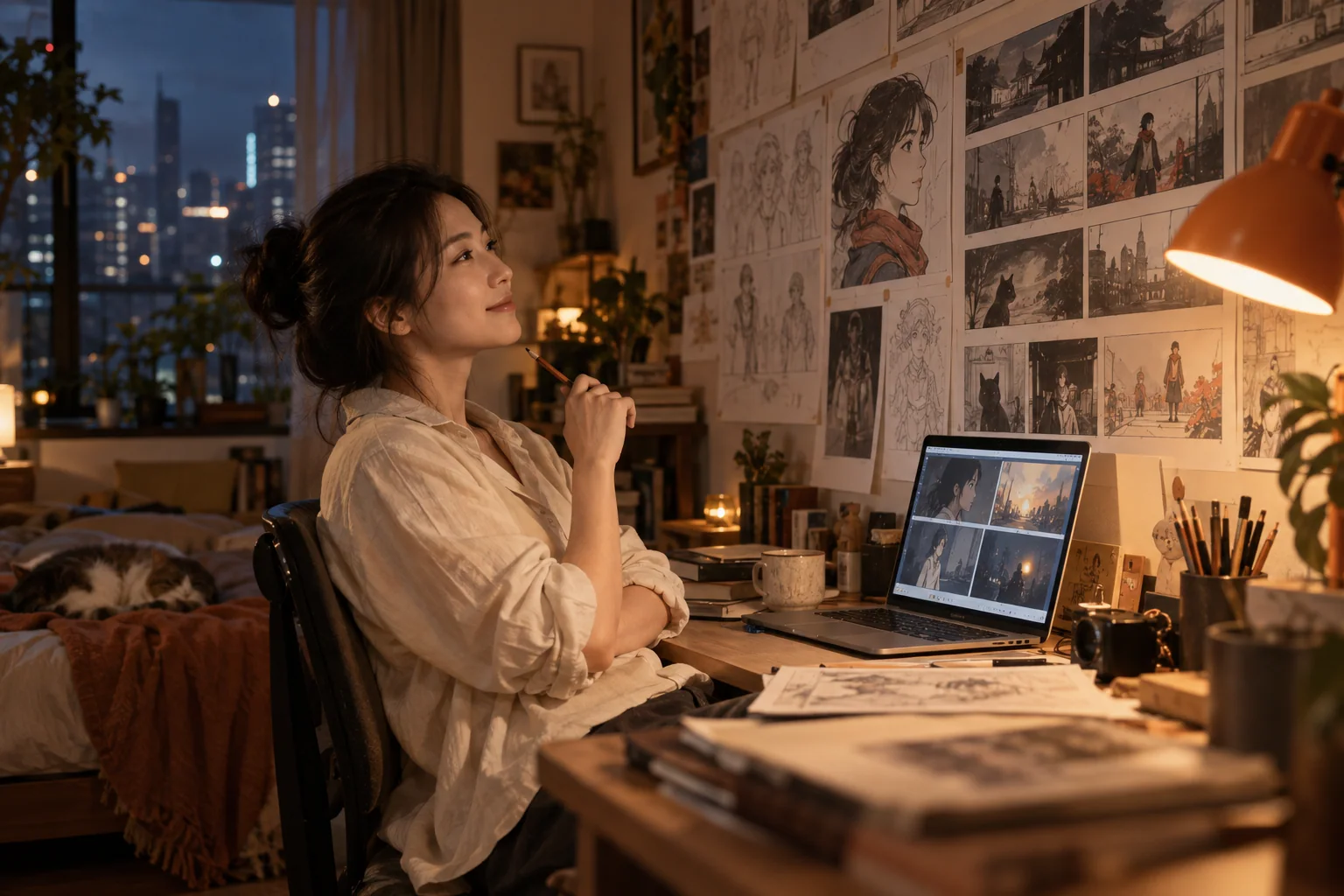 灯下整理漫剧分镜的创作者，场景创意图