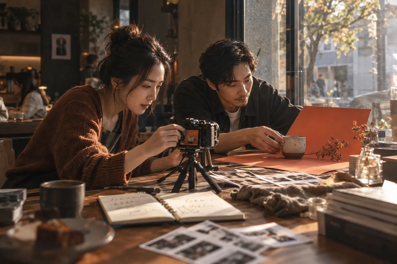 咖啡店里拍摄内容的两位创作者，场景创意图